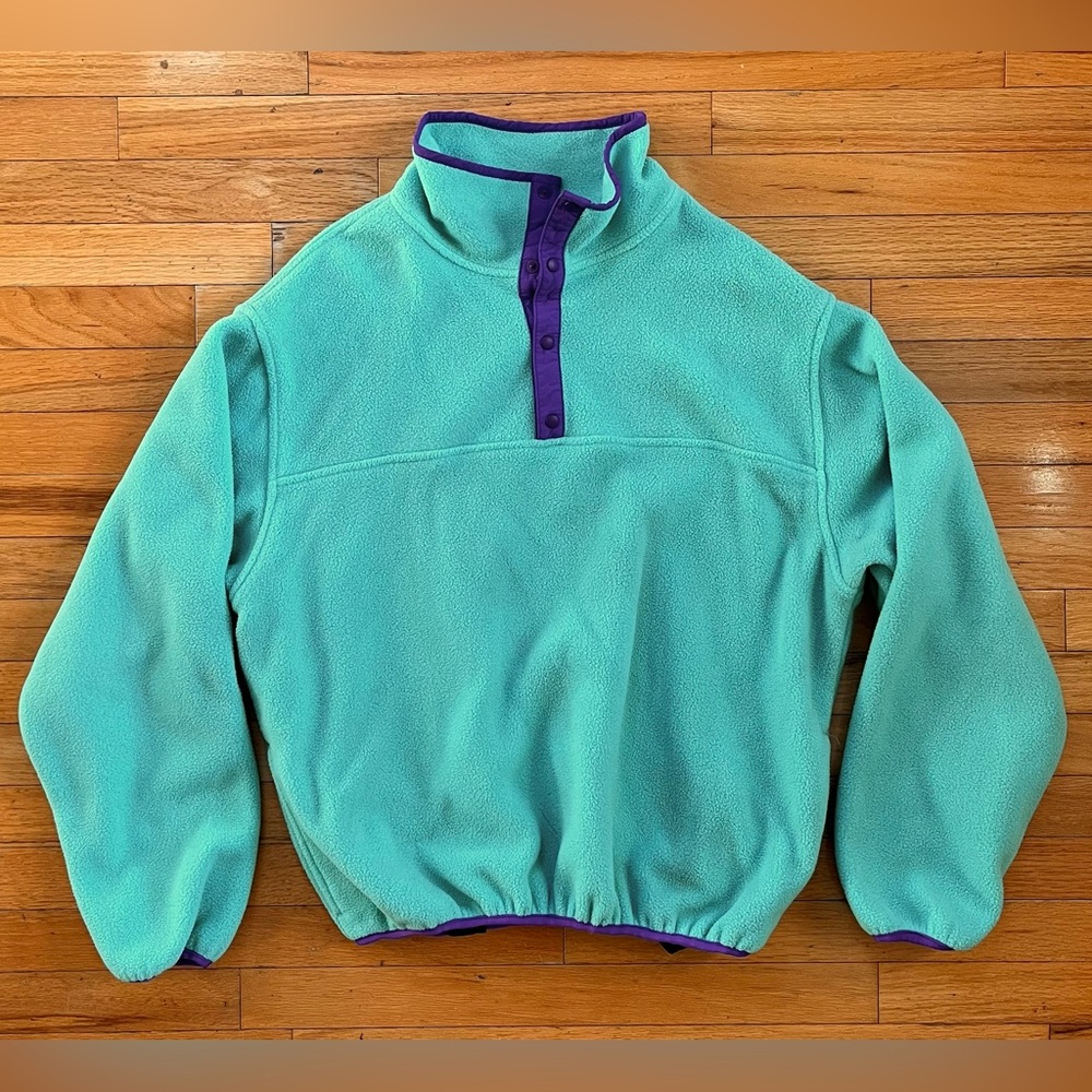VTG 90s Lands End Teal Blue Green Purple Quarter Snap Fleece Pullover Warm Cozy